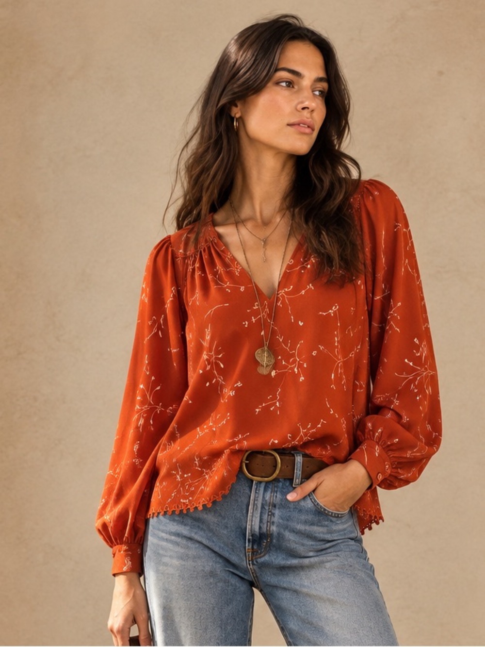 REVOLVE x Joie Allea Peasant Blouse Cinnamon Floral Embroidered Boho Sz S